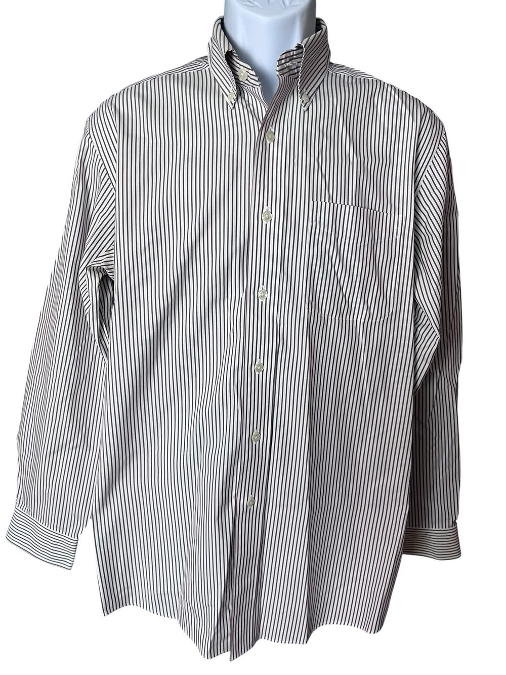 L.L.Bean Mens 15-33 Wrinkle Resistant Brown Stripe Button Down Shirt Long Sleeve